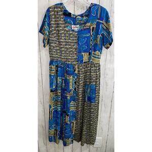 Sidan Hawaii Vintage Abstract Patchwork Button Top Artsy Blue Green Dress Midi M